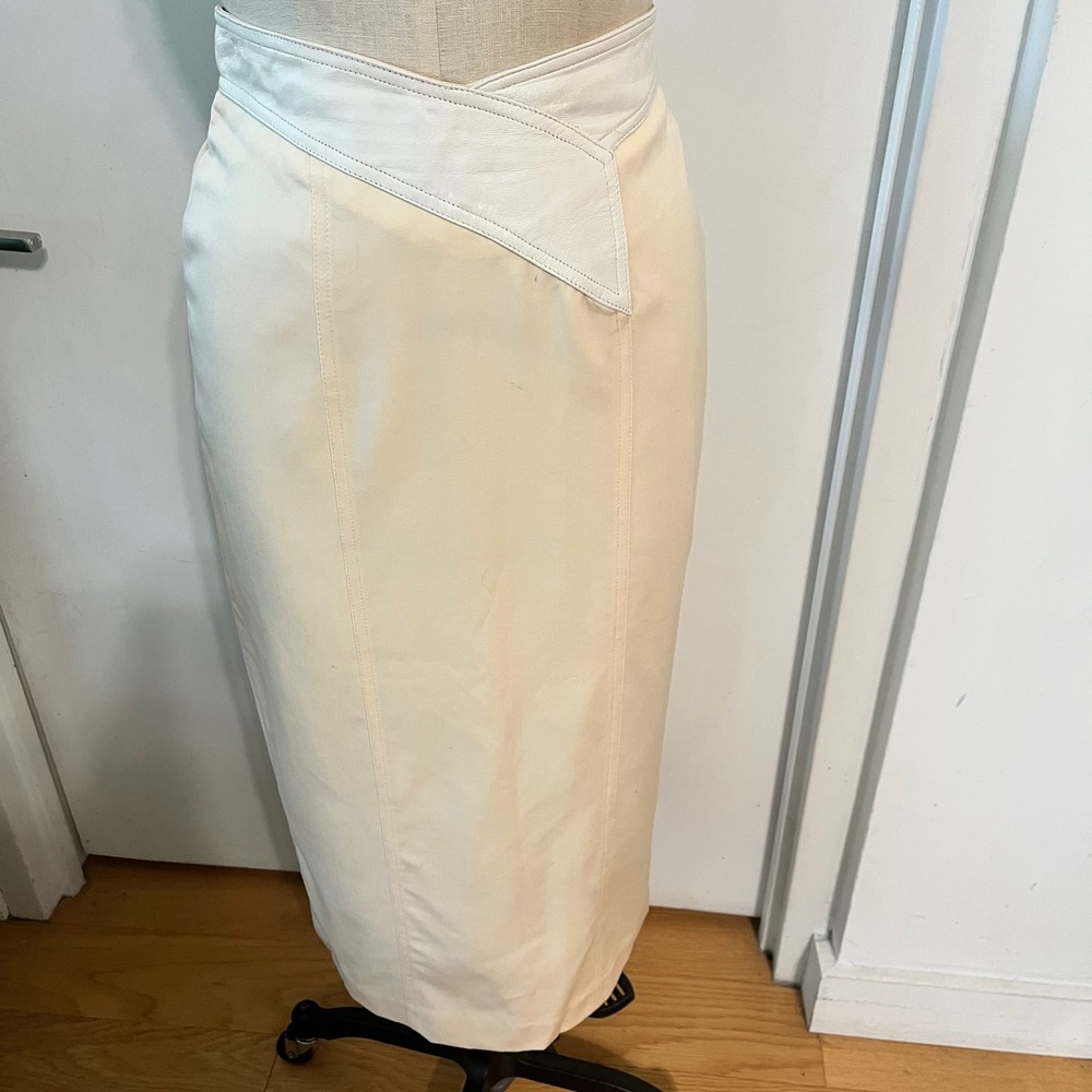 VTG 80's SUZELLE Cream Wool and Leather Pencil Skirt Size 12